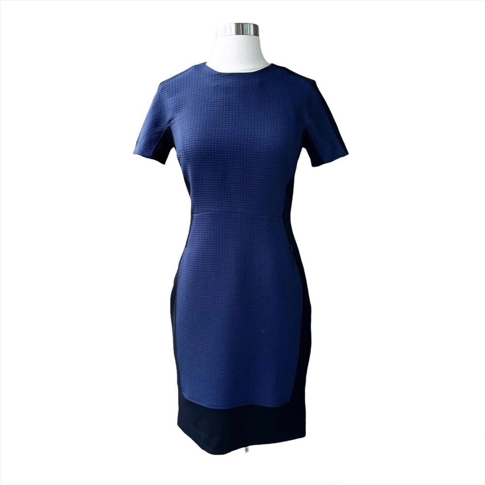 Halogen Dress 0 Blue Sheath Ponte Knit Shift Stretch Short Sleeve Zip Career